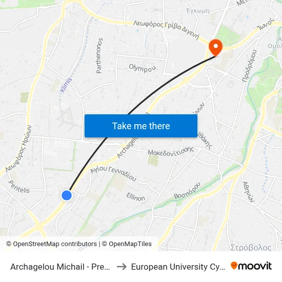 Archagelou Michail - Prevezis to European University Cyprus map