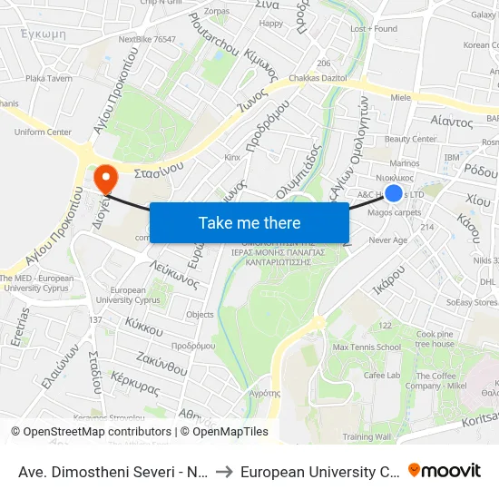 Demosthenes Severi Avenue - Nikitara to European University Cyprus map