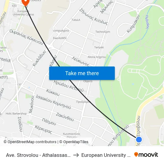 Strovolos Avenue - Athalassa Avenue to European University Cyprus map