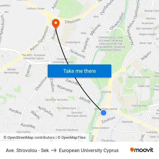 Ave. Strovolou - Sek to European University Cyprus map