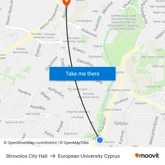Strovolos City Hall to European University Cyprus map