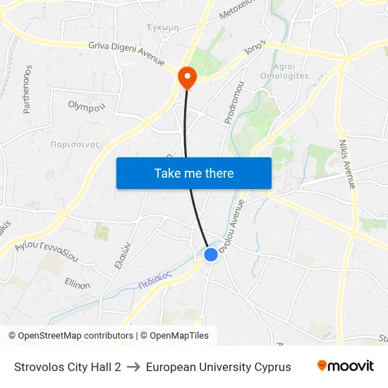 Strovolos City Hall 2 to European University Cyprus map
