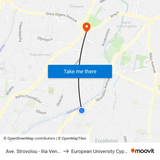 Strovolos Ave. - Ilias Venezis to European University Cyprus map