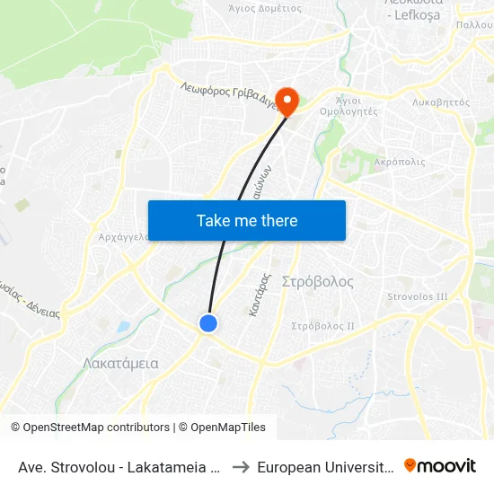 Ave. Strovolou - Lakatameia Roundabout to European University Cyprus map