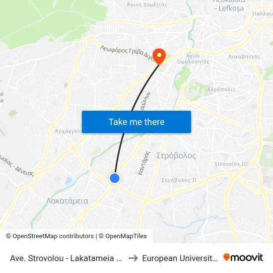 Ave. Strovolou - Lakatameia Roundabout to European University Cyprus map