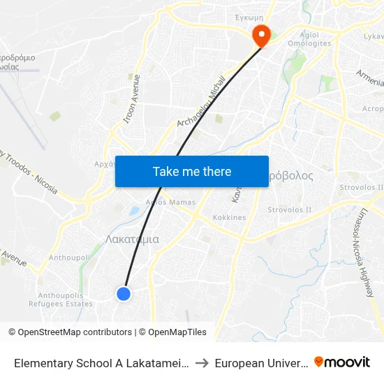Elem. School A Lakatameia - Ag. Paraskevi to European University Cyprus map