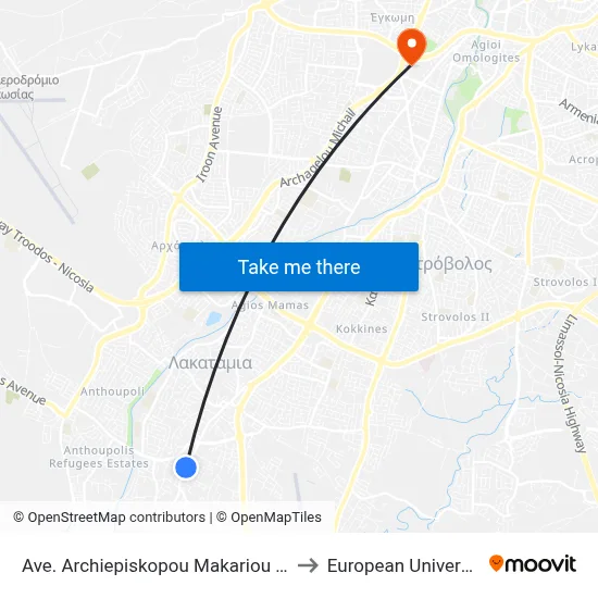 Ave. Arch. Makariou C - Dimitri Liperti to European University Cyprus map