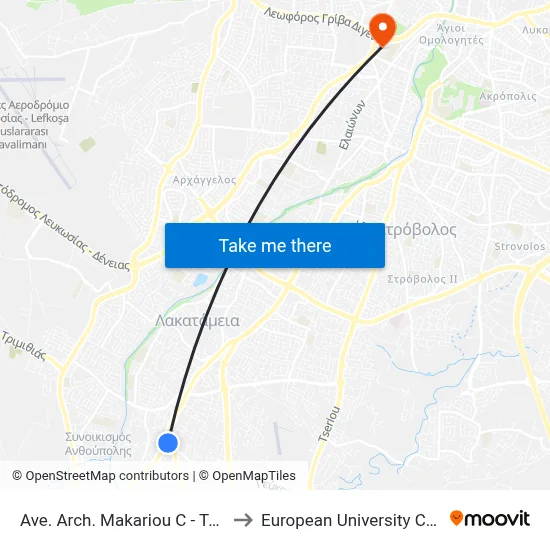 Ave. Arch. Makariou C - Tseriou to European University Cyprus map