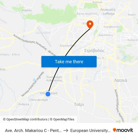 Ave. Arch. Makariou C - Pentadaktylou to European University Cyprus map