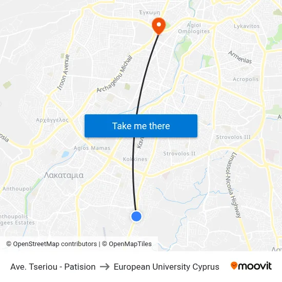 Tseriou Avenue - Patision to European University Cyprus map