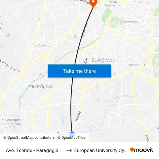 Ave. Tseriou - Paragogikotitas to European University Cyprus map