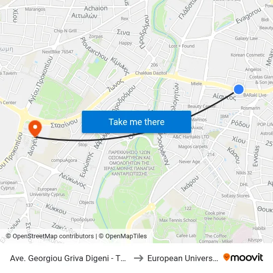 Georgiou Griva Digeni Ave - Themistokli Dervi to European University Cyprus map