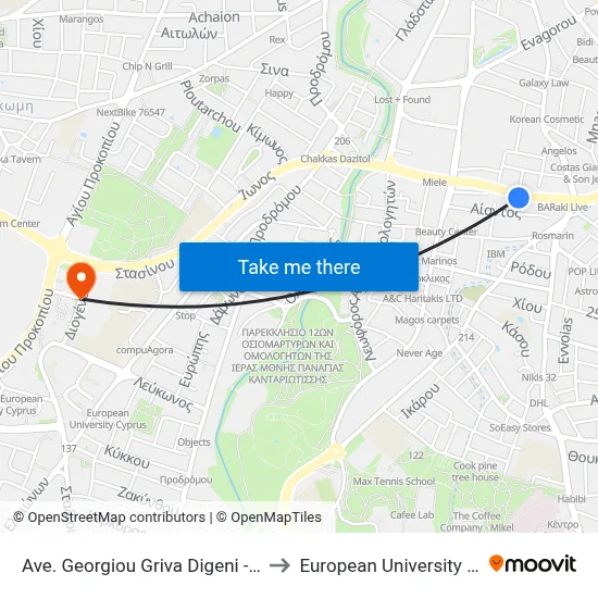 Georgiou Griva Digeni Ave. - Iasonos to European University Cyprus map