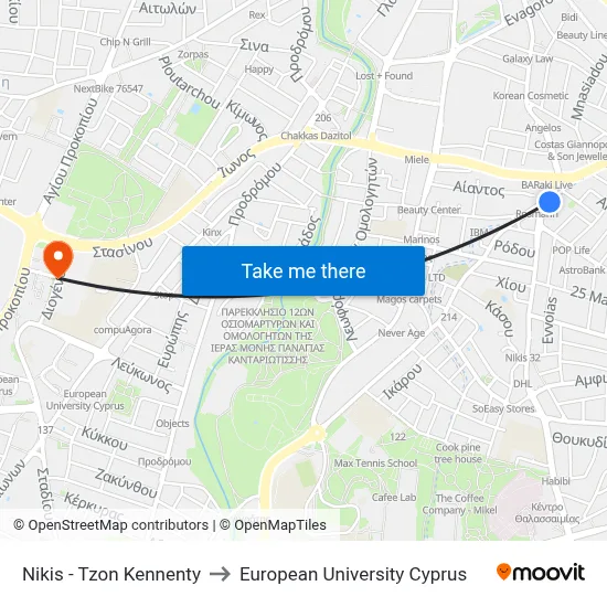 Niki - John Kennedy to European University Cyprus map
