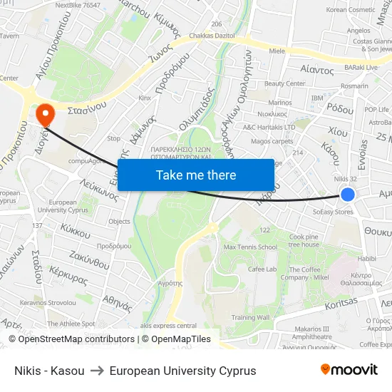 Nikis - Kasou to European University Cyprus map