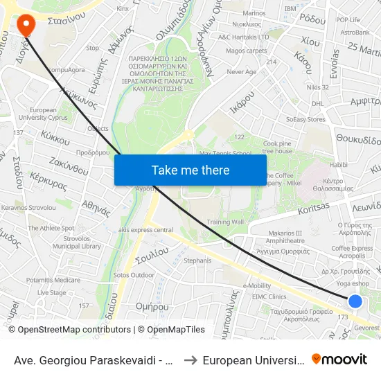 Ave. Georgiou Paraskevaidi - Akropolis Park to European University Cyprus map