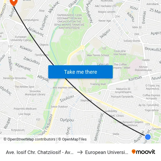 Iosif Chr. Chatziiosif Ave. - Athalassa Ave. to European University Cyprus map