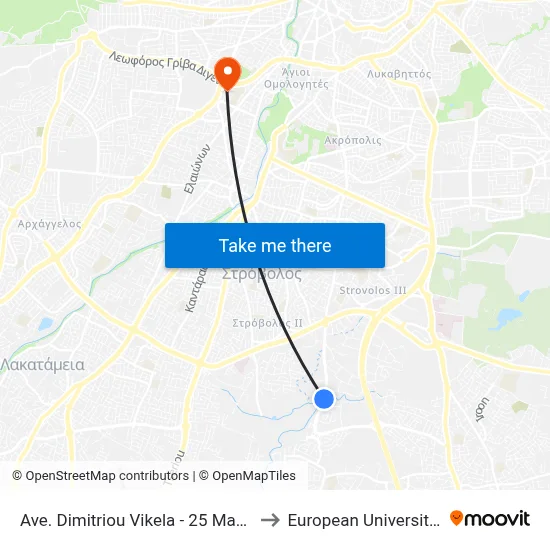 Dimitriou Vikela Avenue - 25th March Avenue to European University Cyprus map