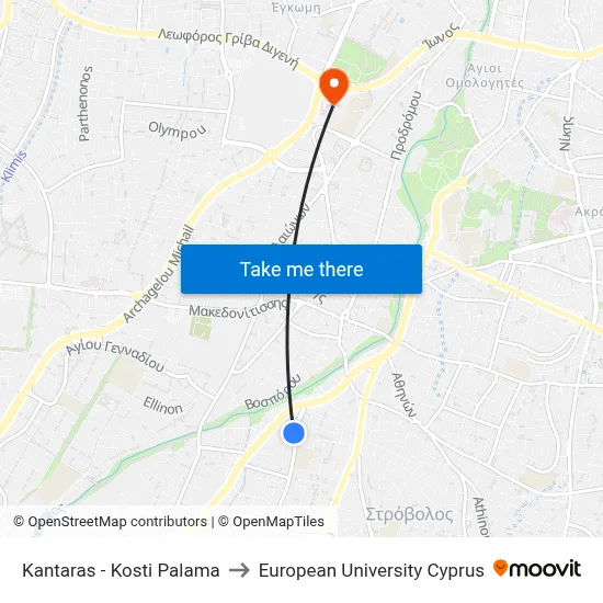 Kantara - Kosti Palama to European University Cyprus map