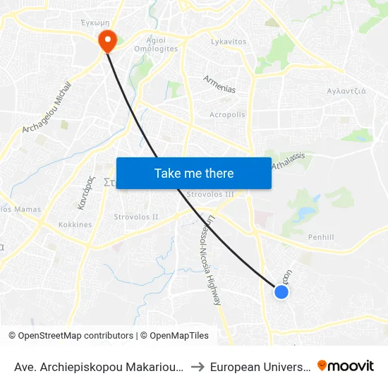 Ave. Arch. Makariou C - Petrou Iliadi to European University Cyprus map