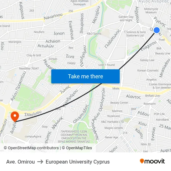 Omirou Avenue to European University Cyprus map