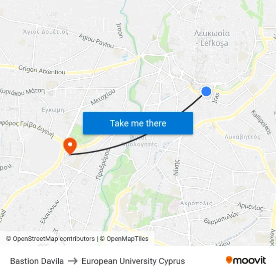 Bastion Davila to European University Cyprus map