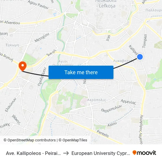 Kallipoleos Avenue - Peiraios to European University Cyprus map