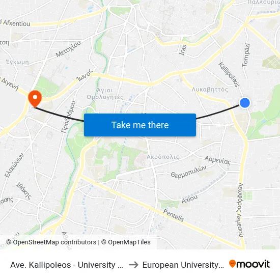 Ave. Kallipoleos - University Of Cyprus to European University Cyprus map