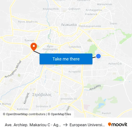 Archbishop Makarios Ave - Agamemnon to European University Cyprus map