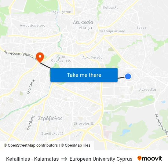 Kefallinias - Kalamatas to European University Cyprus map