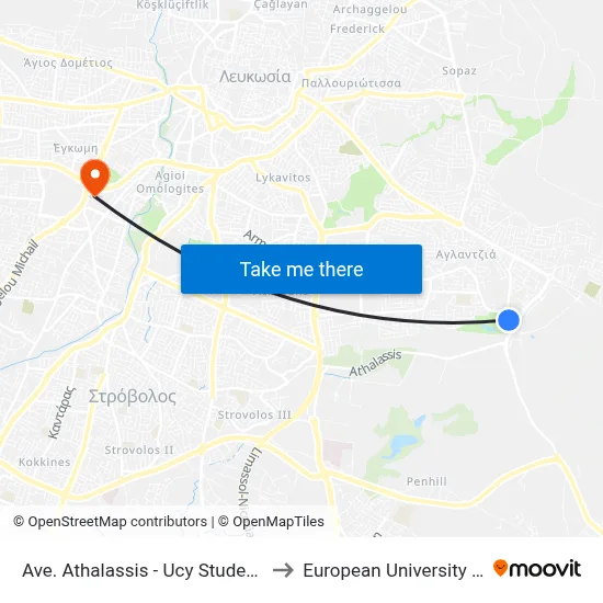 Ave. Athalassis - Ucy Student Halls to European University Cyprus map