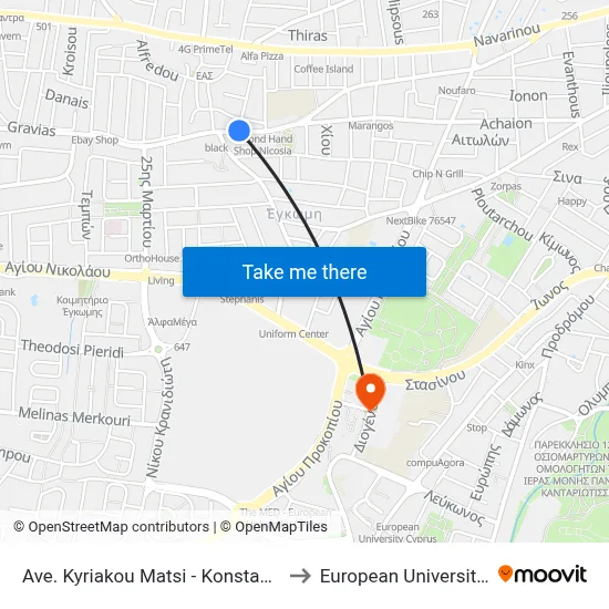 Kyriakou Matsi Avenue - Konstantinou Kanari to European University Cyprus map