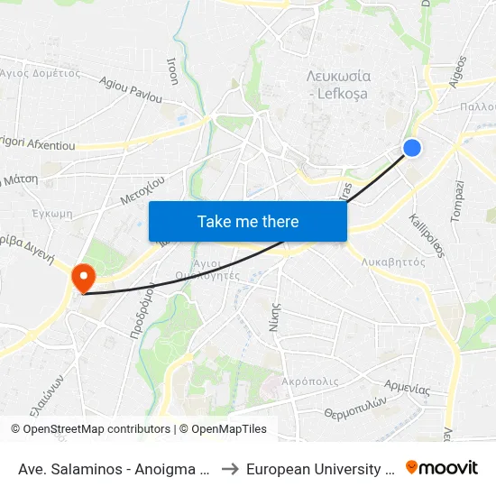 Ave. Salaminos - Anoigma Kolokasi to European University Cyprus map