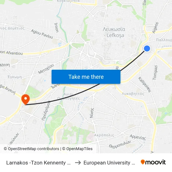 Larnakos - John Kennedy Avenue to European University Cyprus map