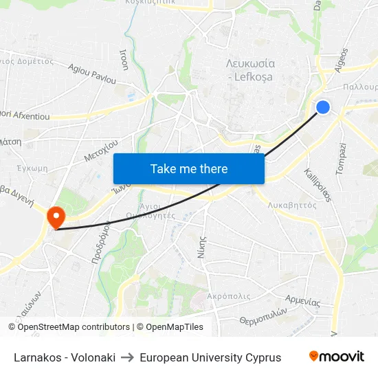 Larnaca - Volonaki to European University Cyprus map