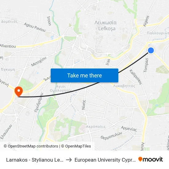 Larnakos - Stylianou Lena to European University Cyprus map