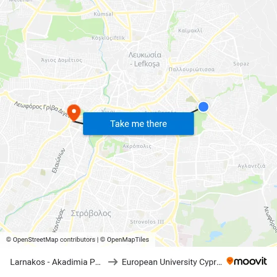 Larnakos - Akadimia Park to European University Cyprus map