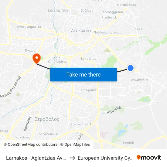 Larnakos - Aglantzias Avenue to European University Cyprus map