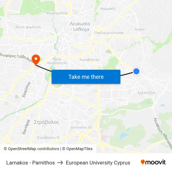 Larnakos - Parnithos to European University Cyprus map