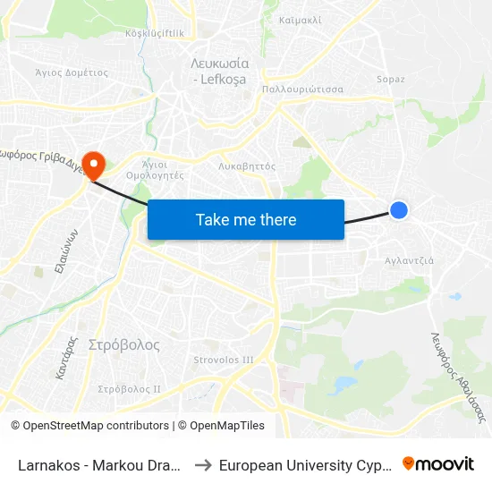Larnaca - Markou Drakou to European University Cyprus map