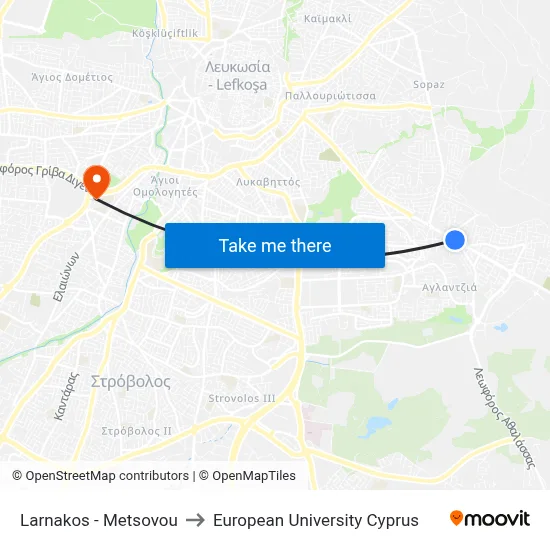Larnakos - Metsovou to European University Cyprus map