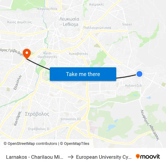 Larnakos - Charilaos Michail to European University Cyprus map