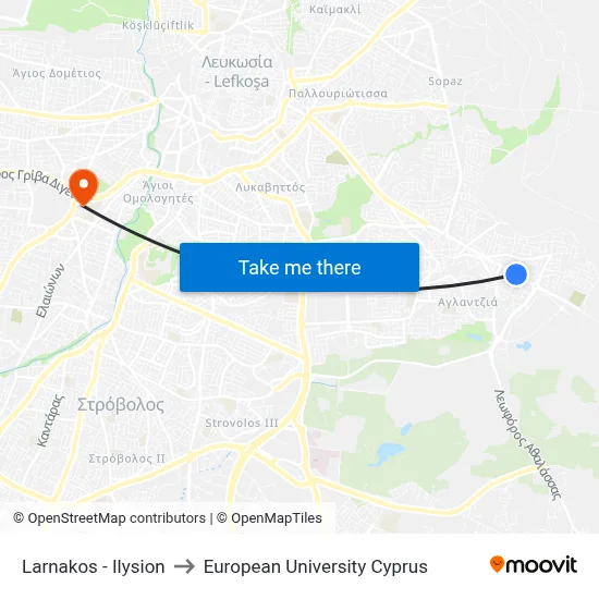 Larnaca - Elysium to European University Cyprus map