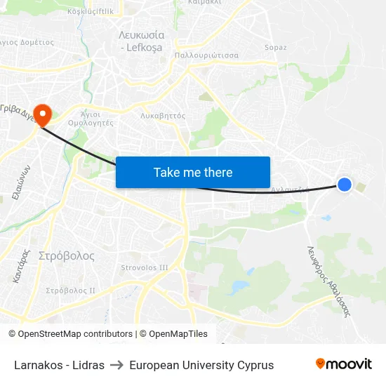 Larnaca - Lidras to European University Cyprus map