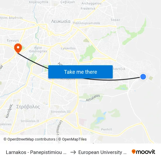 Larnakos - University Avenue to European University Cyprus map