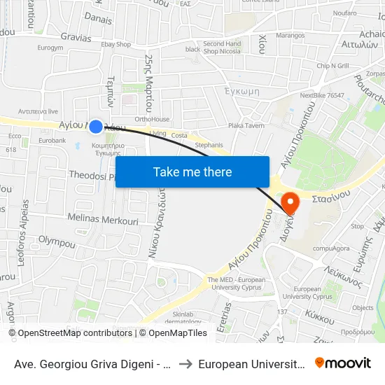 Ave. Georgiou Griva Digeni - Hilton Park to European University Cyprus map