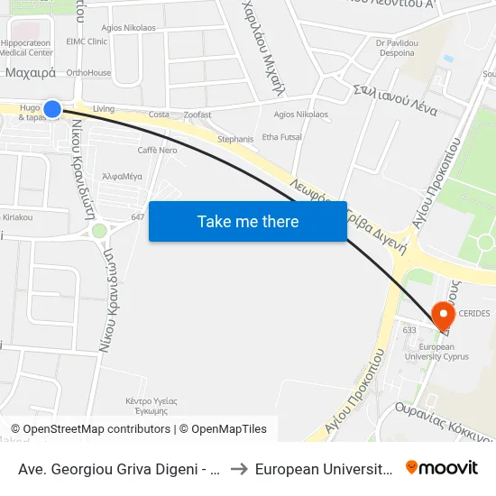 George Grivas Digeni Avenue - 25 March to European University Cyprus map