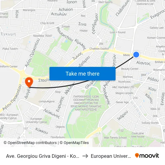Georgiou Griva Digeni Avenue - Kosta Chatzopoulou to European University Cyprus map
