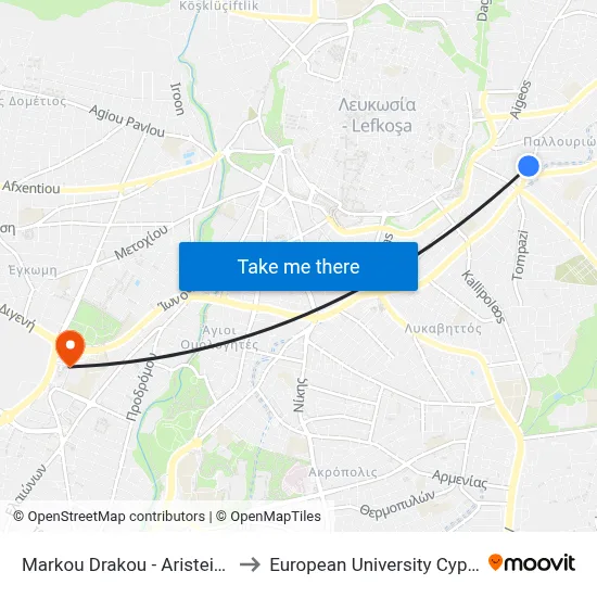 Markou Drakou - Aristeidou to European University Cyprus map