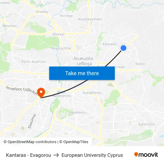 Kantaras - Evagorou to European University Cyprus map